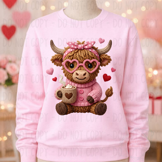 Faux Crochet Yarn Highland Cow Coffee Valentine