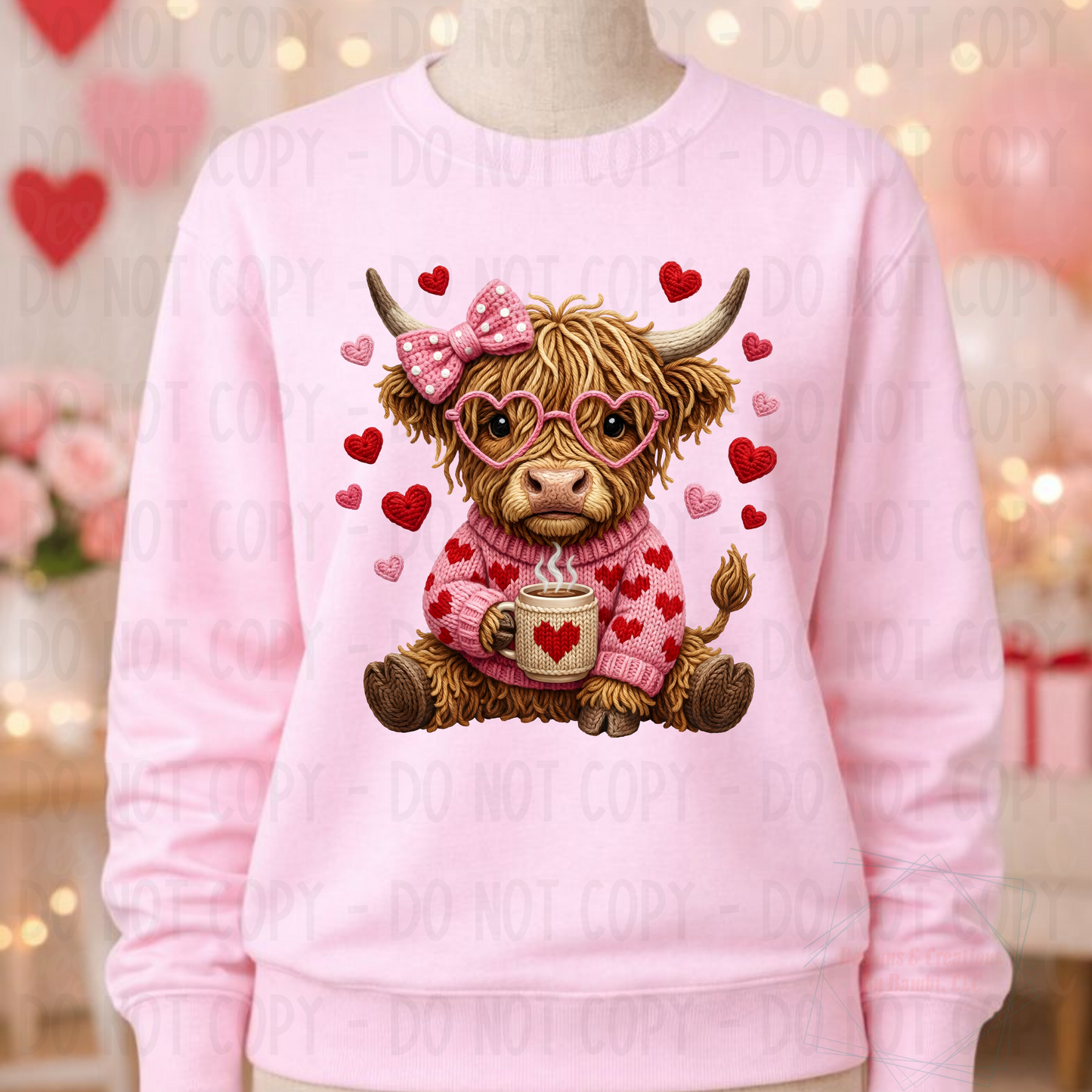 Faux Crochet Yarn Highland Cow Coffee Valentine Red