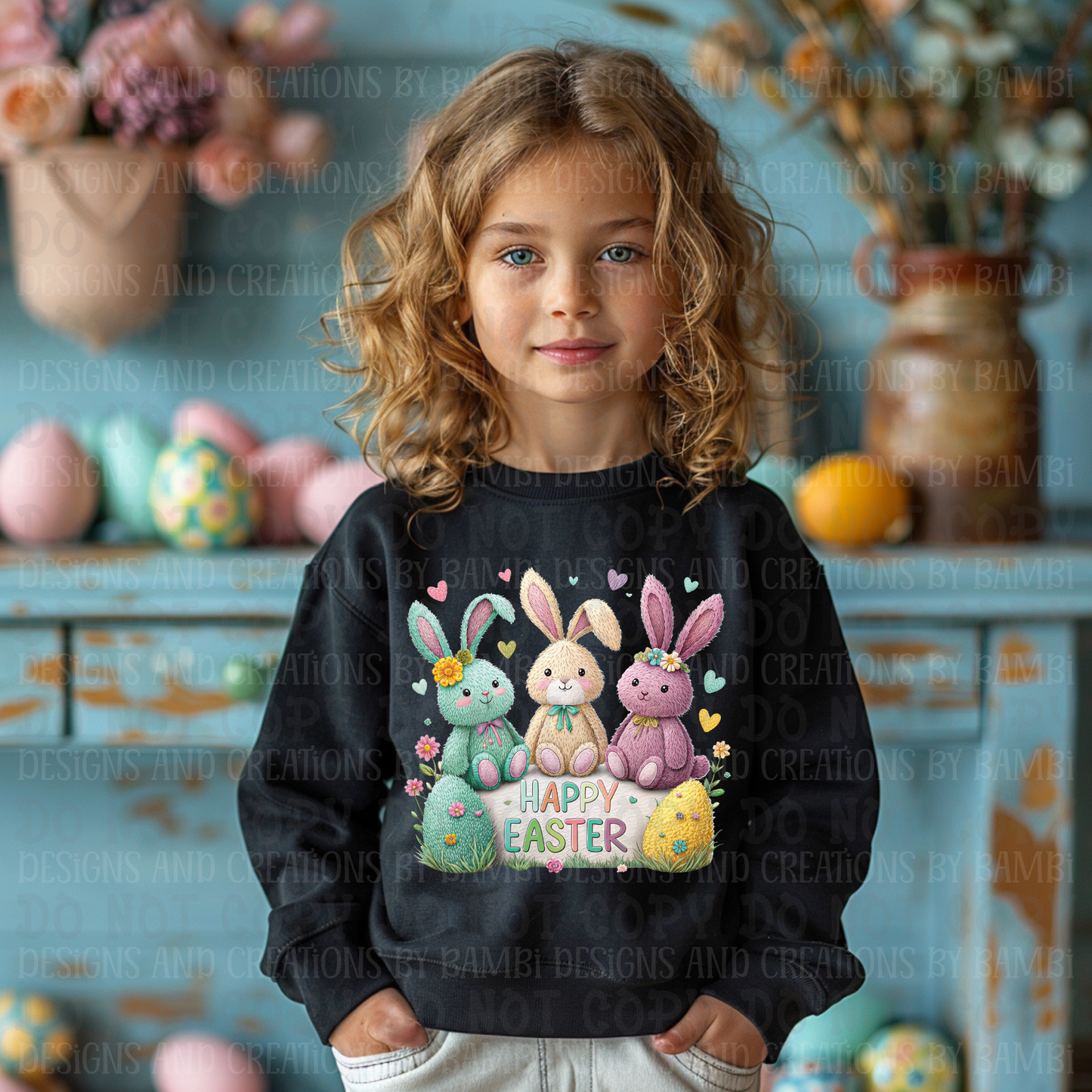 Faux Crochet Happy Easter with Trio of Rabbits