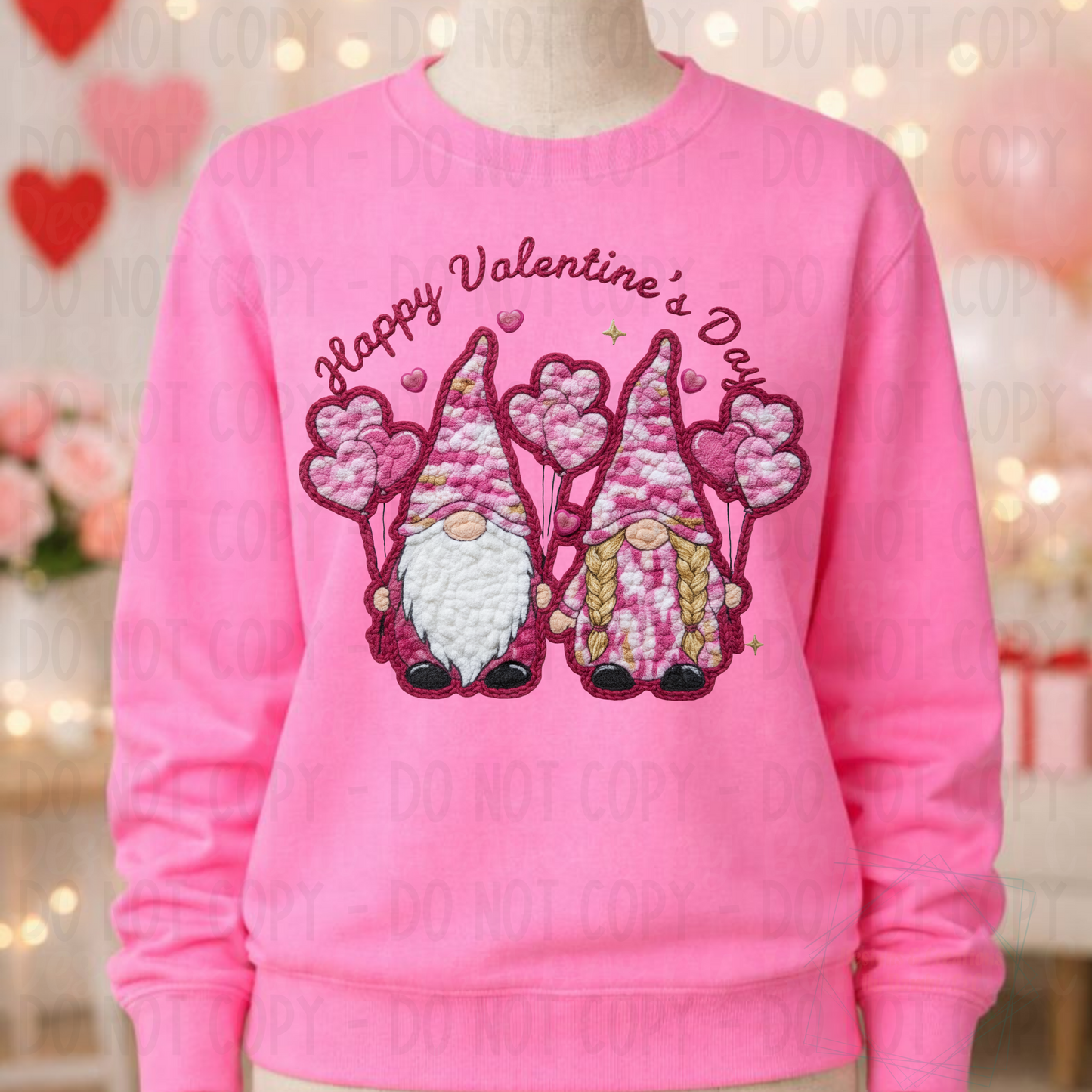 Faux Embroidery Pink Gnomes and Valentine