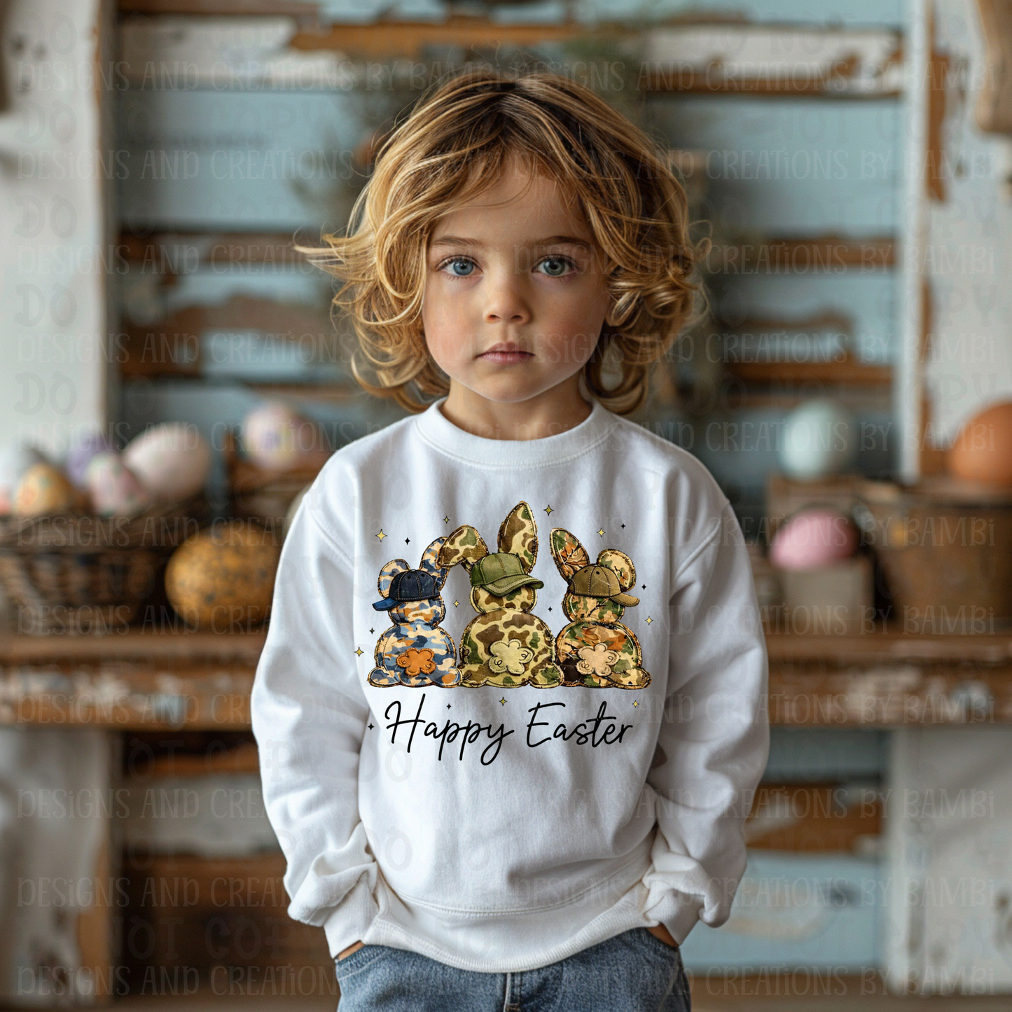 Faux Fabric with Camo Trio of Bunnies Happy Easter in Black Font