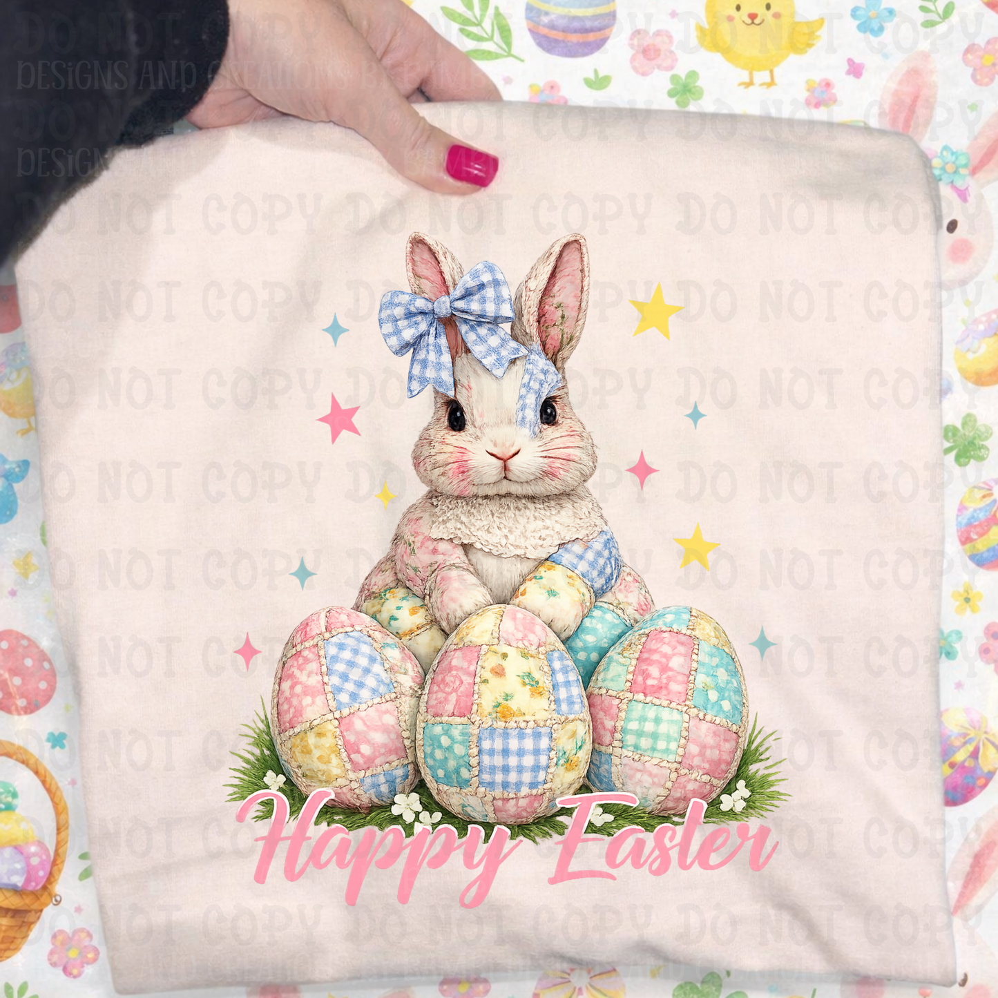 Faux Patchwork Fabric Happy Easter Bunny