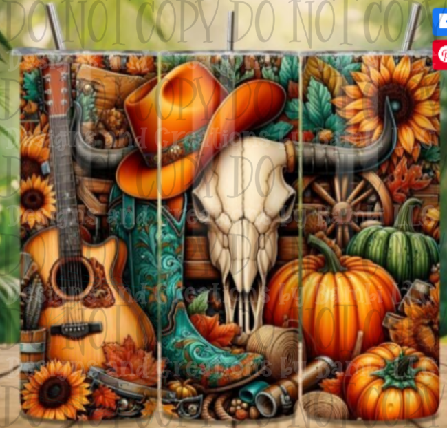 Fall Country Skull Guitar 20oz Skinny Sublimation Tumbler