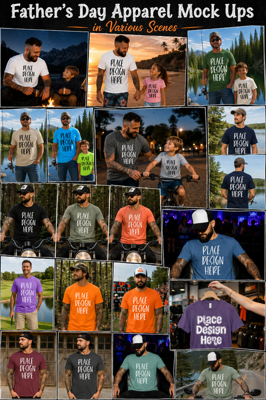 Variety of Father's Day Scene Apparel Mock Ups (Gildan Brand Only)