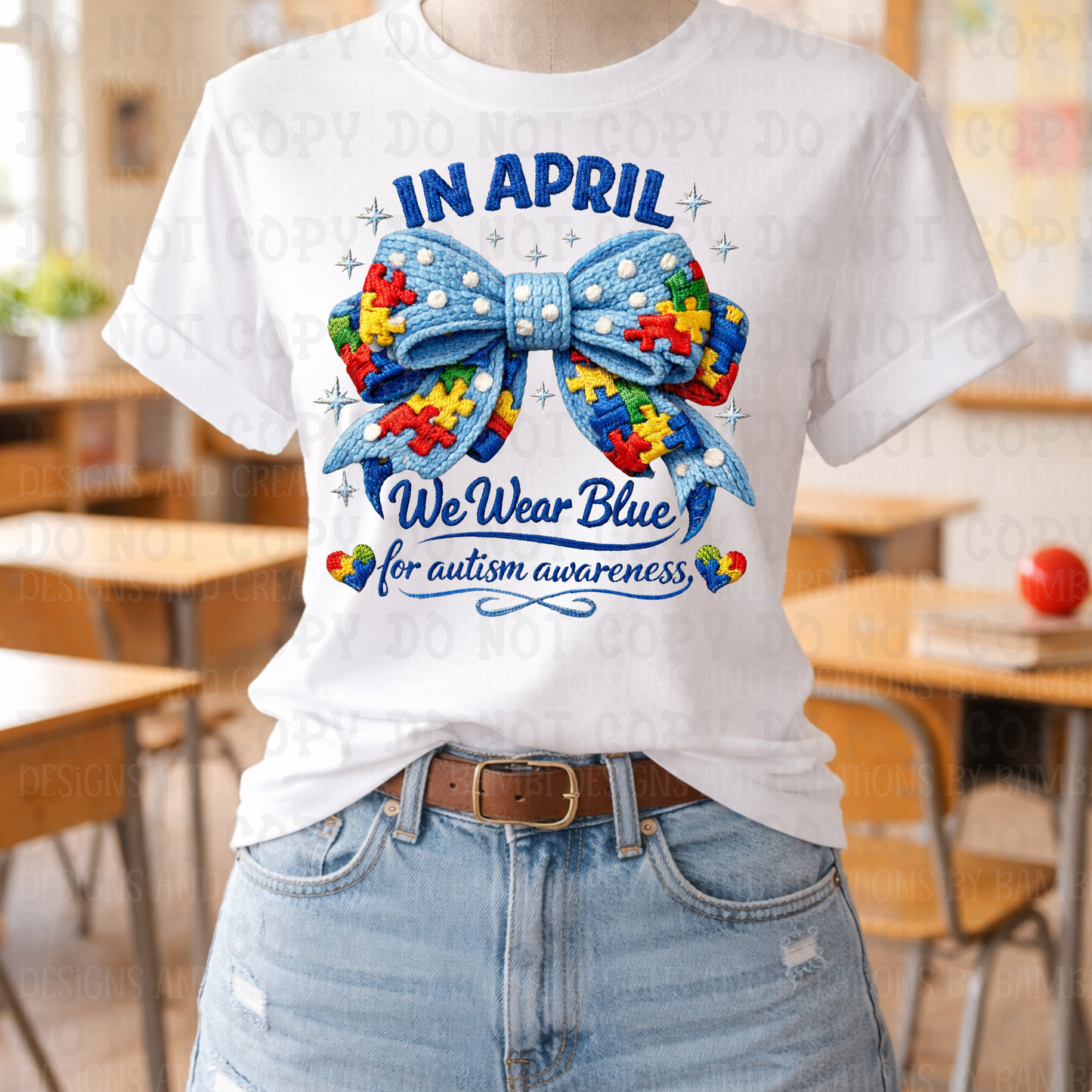 Faux Crochet In April Wear Blue with Large Autism Bow
