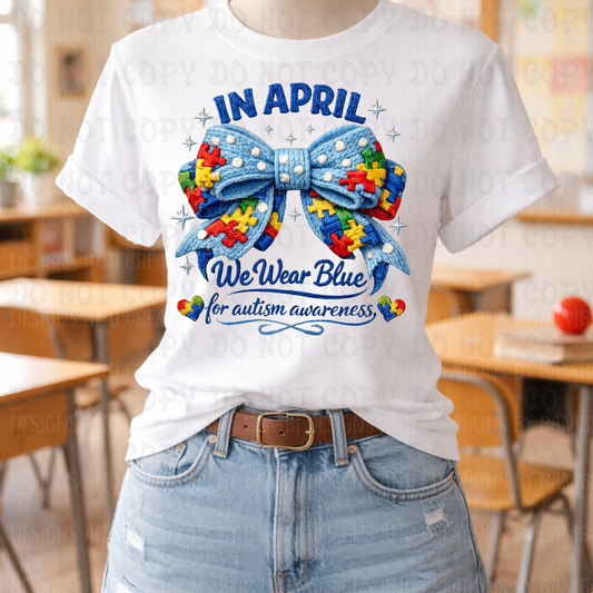Faux Crochet In April Wear Blue with Large Autism Bow