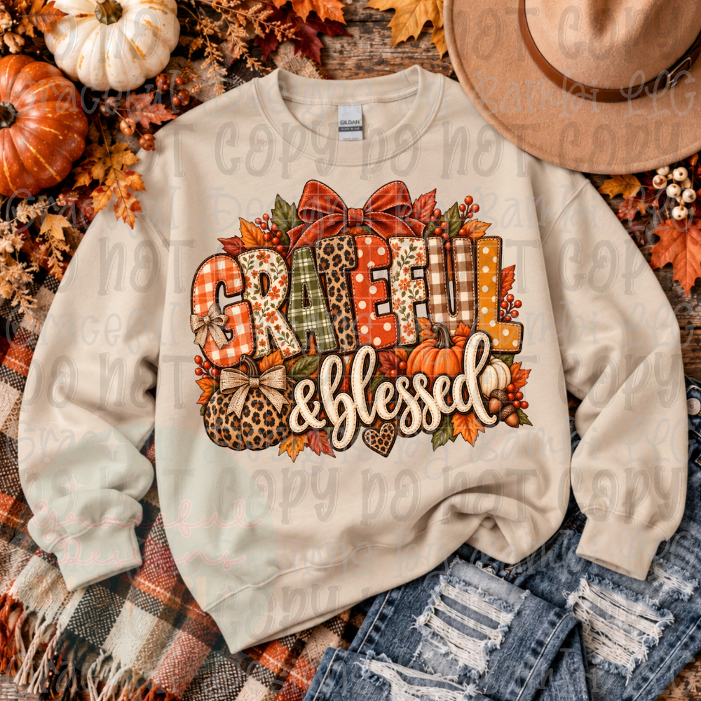 Faux Embroidered Grateful and Blessed Leopard Pumpkin