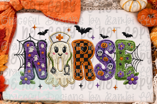 Faux Embroidered Spooky Nurse with Bats Version 2