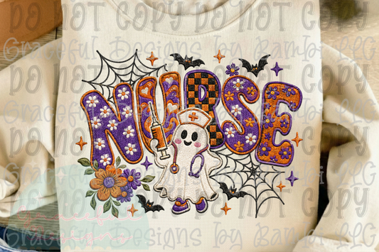 Faux Embroidered Spooky Nurse with Bats Version 3