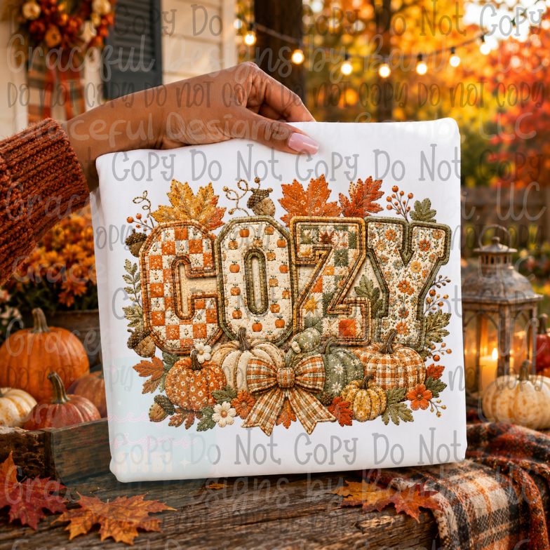 Faux Embroidery COZY with Leaves and Pumpkins