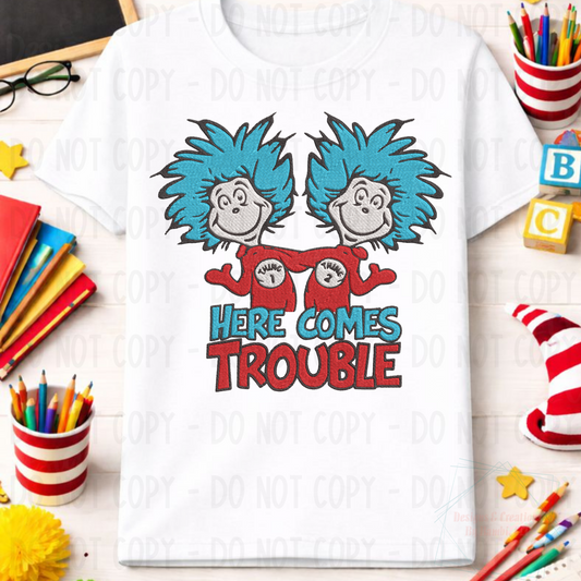 Faux Embroidery Here Comes Trouble Couple
