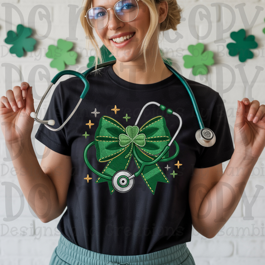 Faux Embroidery Large Green Bow with Stethoscope