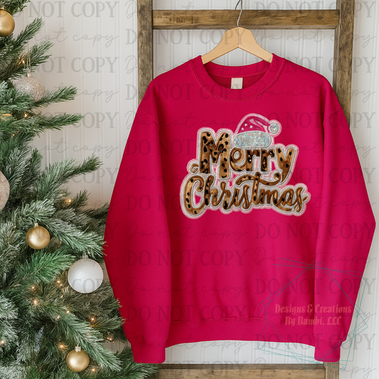 Faux Embroidery Merry Christmas Leopard