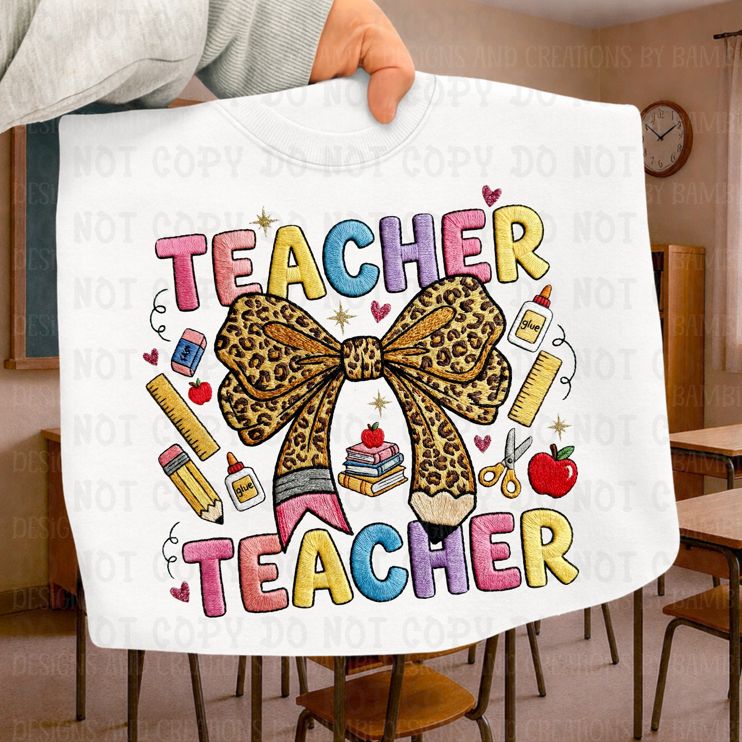 Faux Embroidery Teacher with Large Leopard Bow