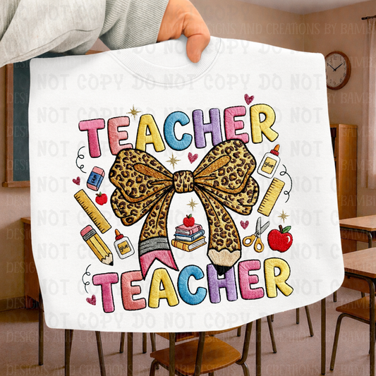 Faux Embroidery Teacher with Large Leopard Bow
