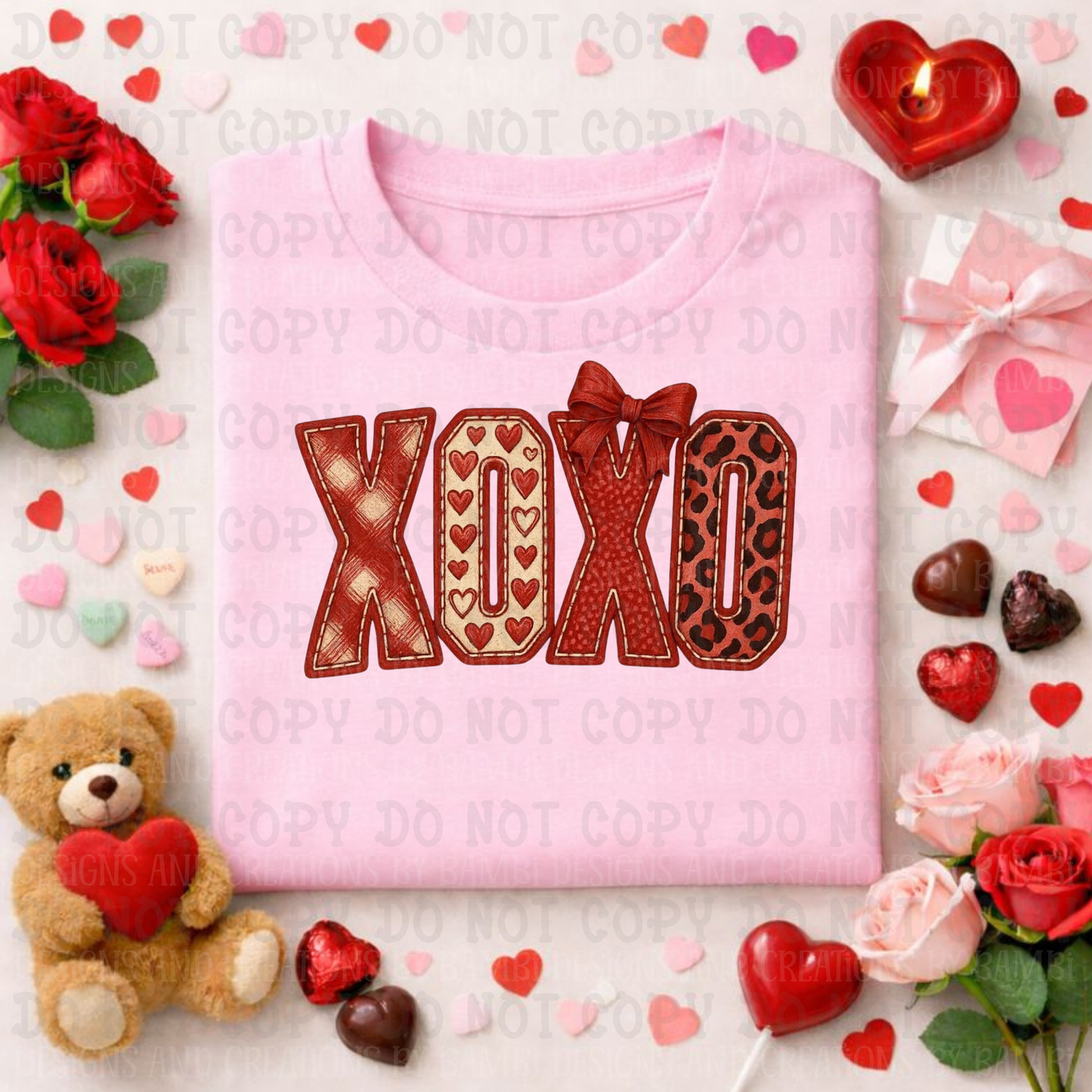 Faux Embroidery XOXO with Bow Multi Patterns