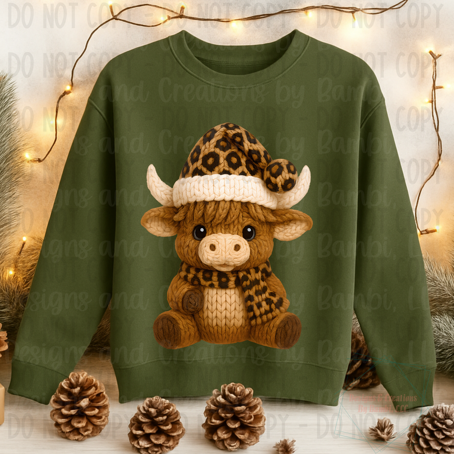 Faux Knit Highland Cow with Leopard Santa Hat