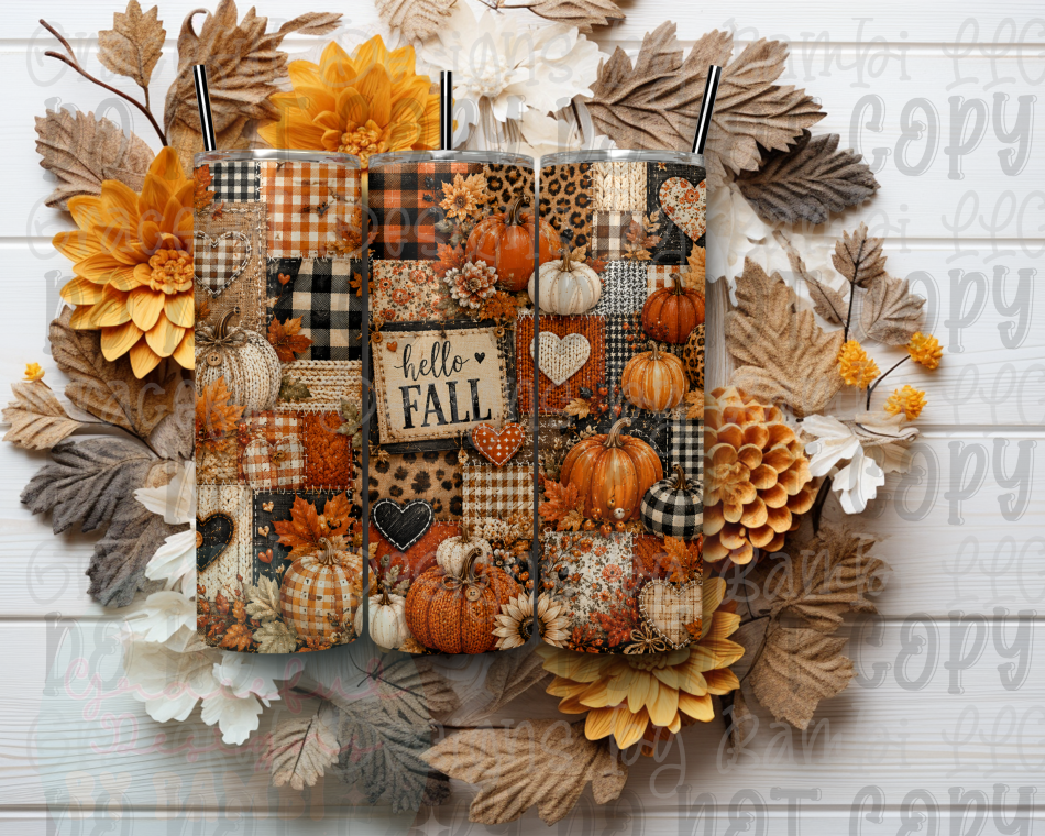 Faux Patchwork Hello Fall 20oz Skinny Sublimation Tumbler