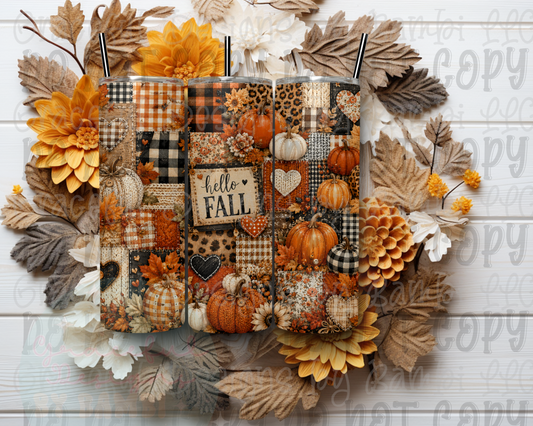 Faux Patchwork Hello Fall 20oz Skinny Sublimation Tumbler