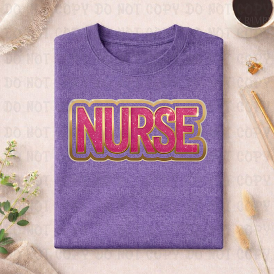 Faux Pink Glitter Nurse with Gold Outline