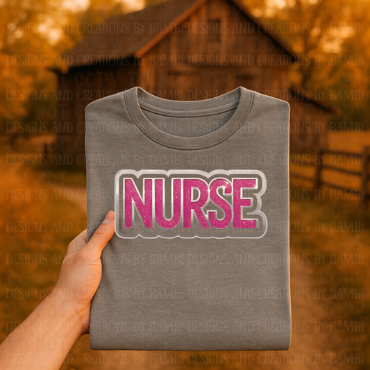 Faux Pink Glitter Nurse with Silver Outline