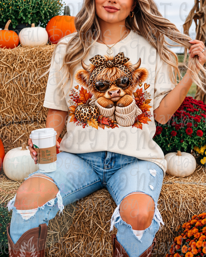 Faux Shaggy Leopard Bow Highland Cow in Autumn