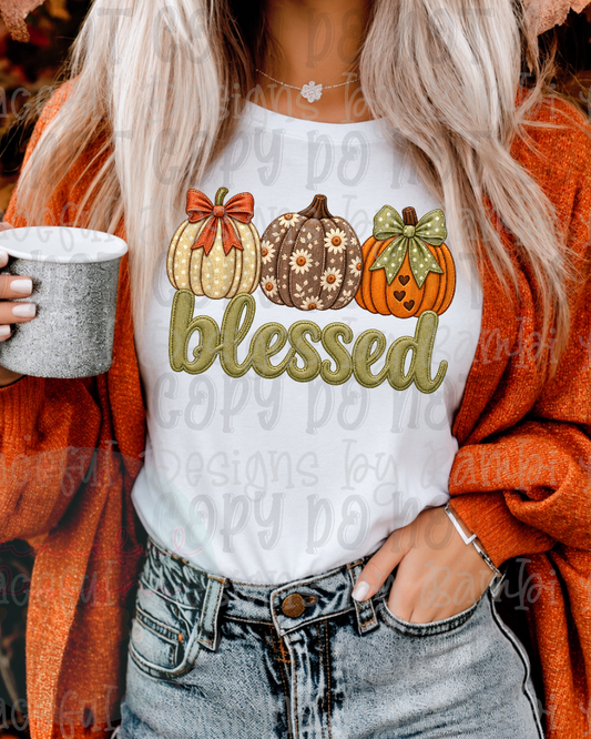 Faux Stitched Blessed with Trio of Pumpkins