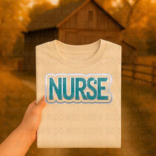 Faux Teal Glitter Nurse with Silver Outline