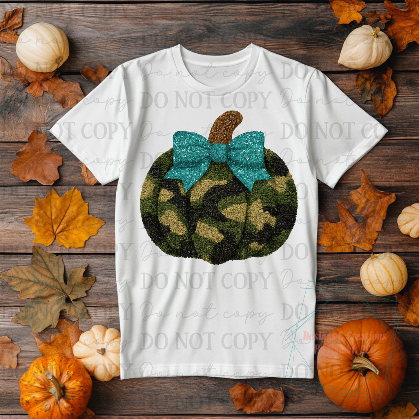 Faux Yarn Camo Pumpkin with Turquoise Bow