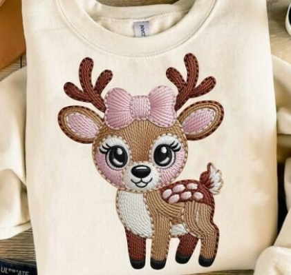 Faux Yarn/Embroidery  Prissy Deer with Pink Bow