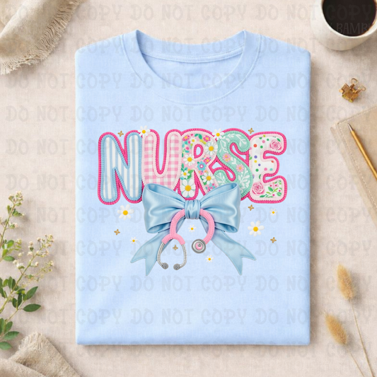 Faux Yarn Floral Coquette Nurse with Blue Bow