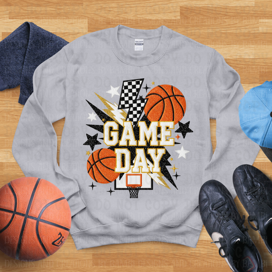Faux Yarn Game Day in White with Basketball and Lightening Bolt