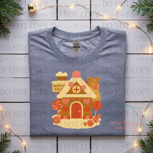 Faux Yarn Gingerbread House with North Pole
