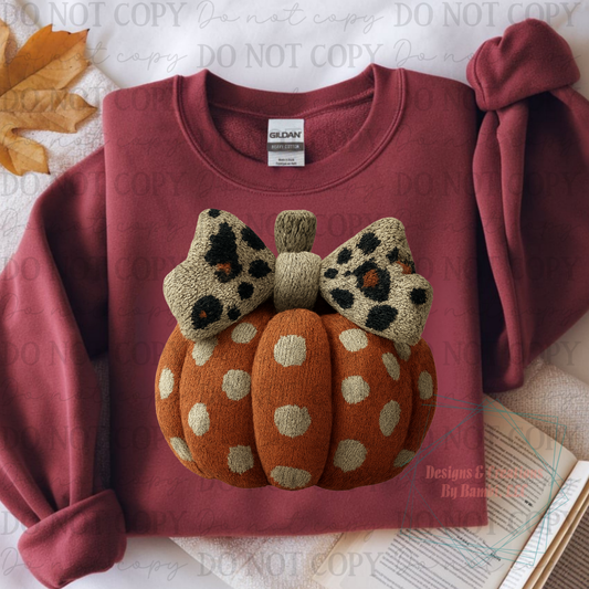 Faux Yarn Orange and White Pumpkin with Leopard Bow