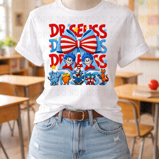 Faux Yarn Stacked Dr.Seuss with Bow