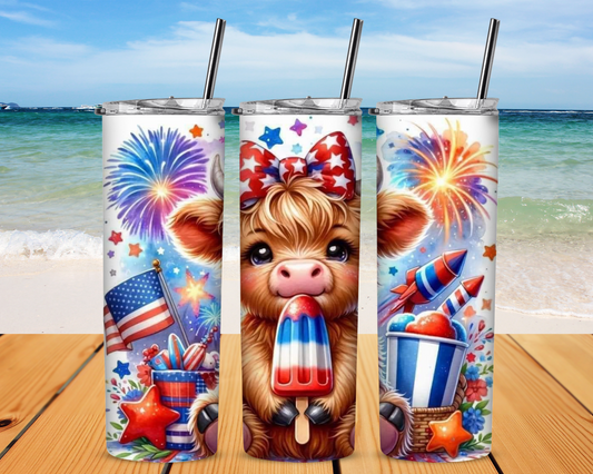 Fireworks and Highland Cow 20 oz Skinny Sublimation Tumbler