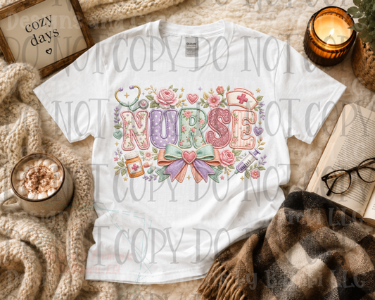 Floral Faux Embroidery Pastel Nurse