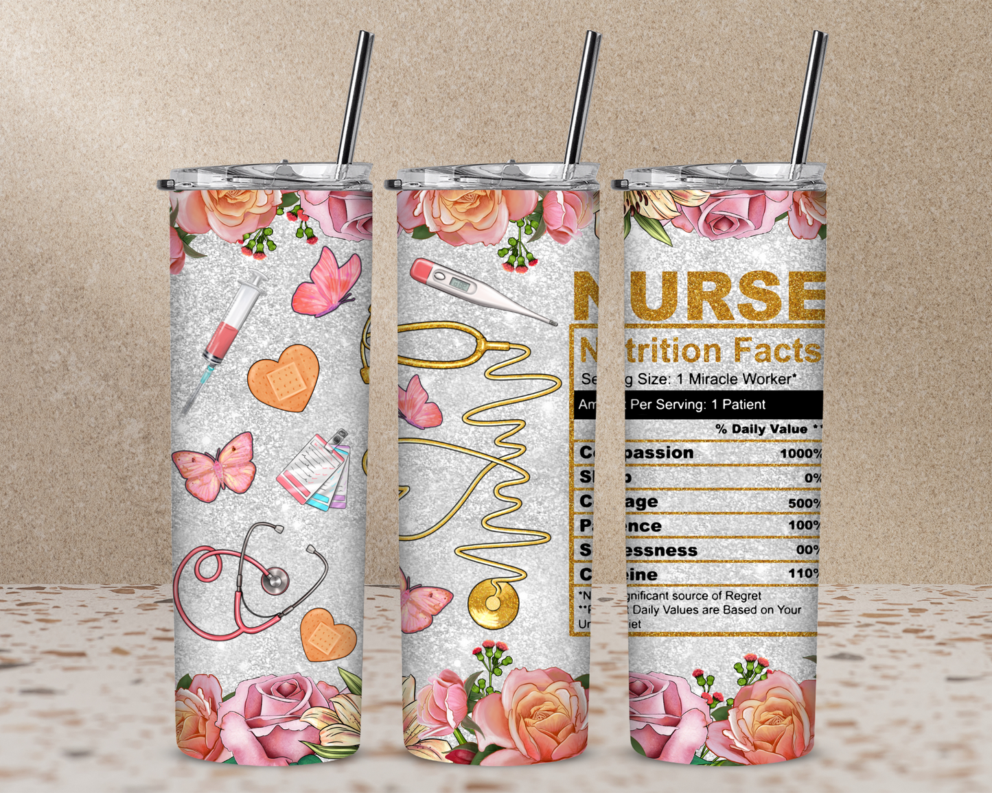 Floral Nurse Nutritional Facts 20 oz Skinny Sublimation Tumbler