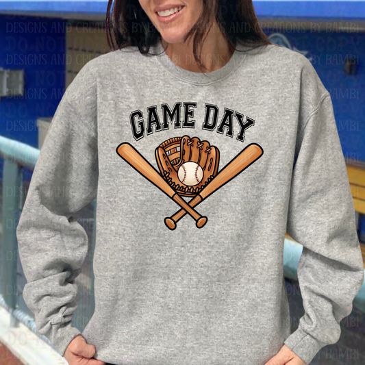 Game Day in Varsity Font with Bats and Glove