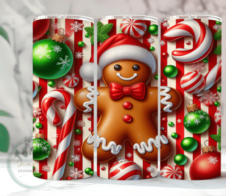 Gingerbread Christmas with Candy Canes 20 oz Skinny Sublimation Tumbler
