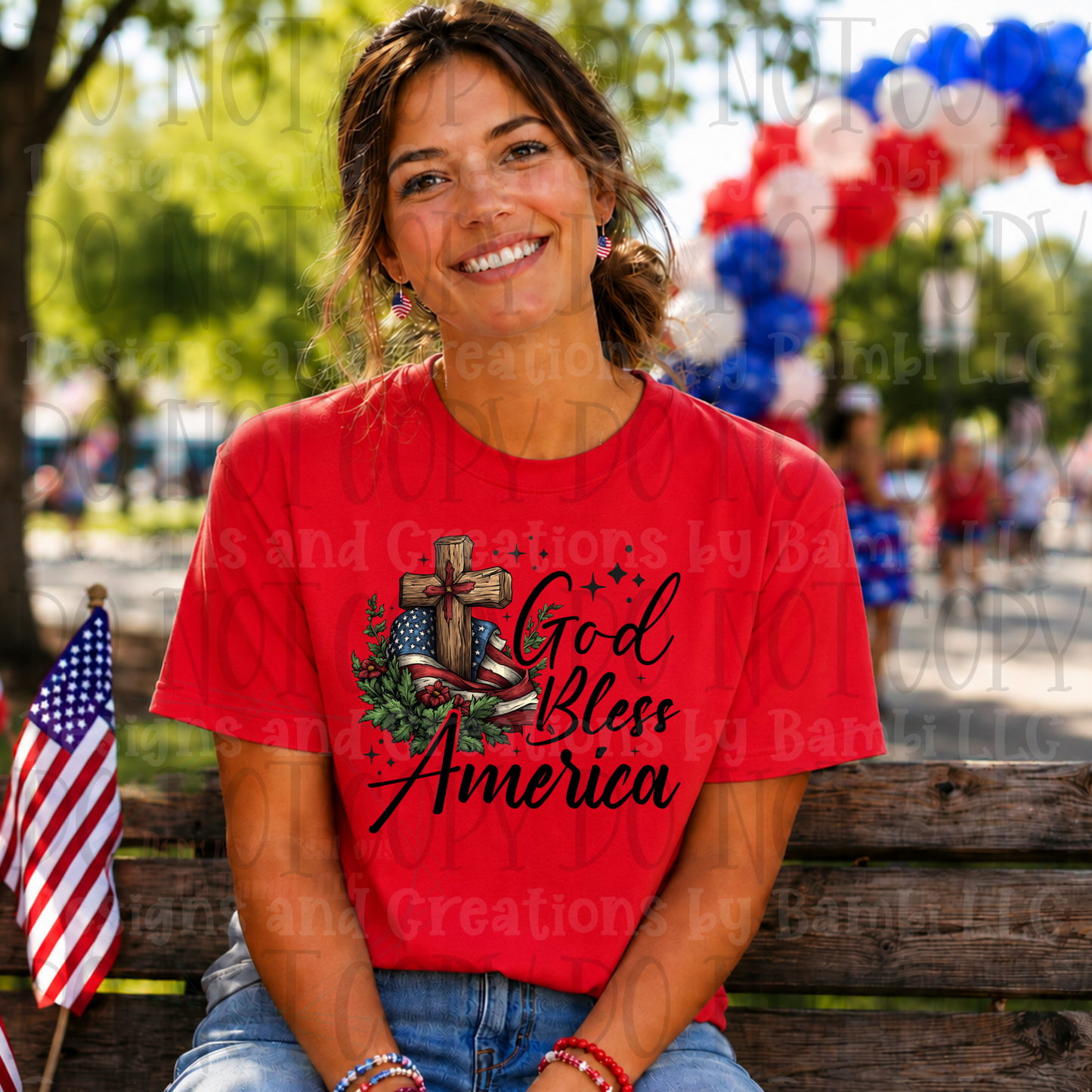 God Bless America with Flag and Wooden Cross
