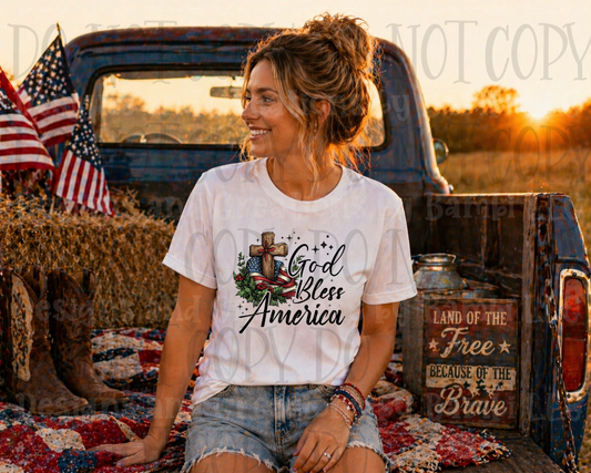 God Bless America with Flag and Wooden Cross