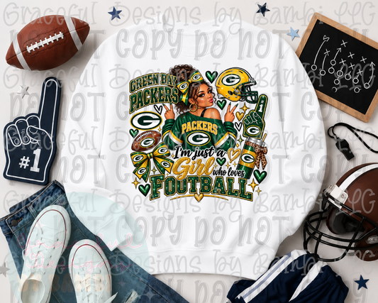 Faux Glitter Green Bay Girl Who Loves Football Brunette Hair