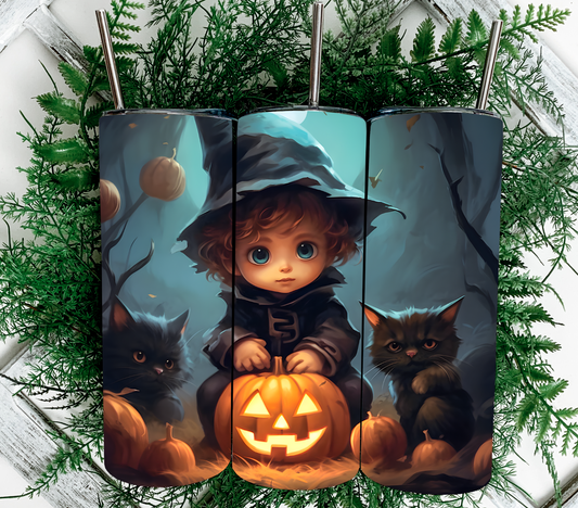 Halloween Girl with Cats 20 oz Skinny Sublimation Tumbler