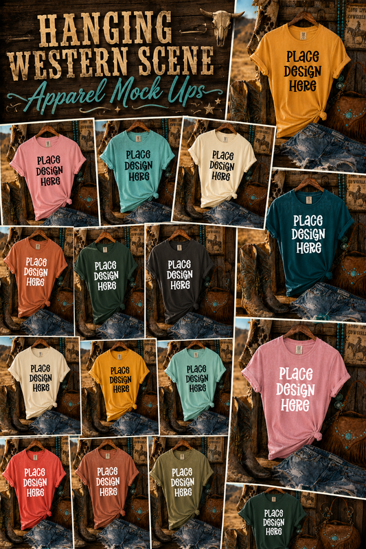 Hanging Western Scene Apparel Mock Ups (Bella Canvas and Gildan Brand)