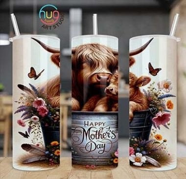 Happy Mother's Day Highland Cow with Bucket 20 oz Skinny Sublimation Tumbler