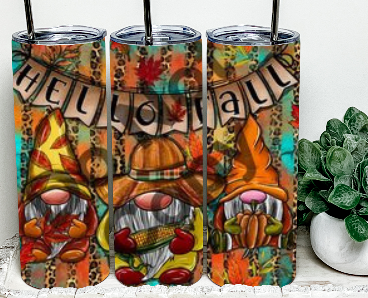 Hello Fall with Gnomes 20 oz Skinny Sublimation Tumbler