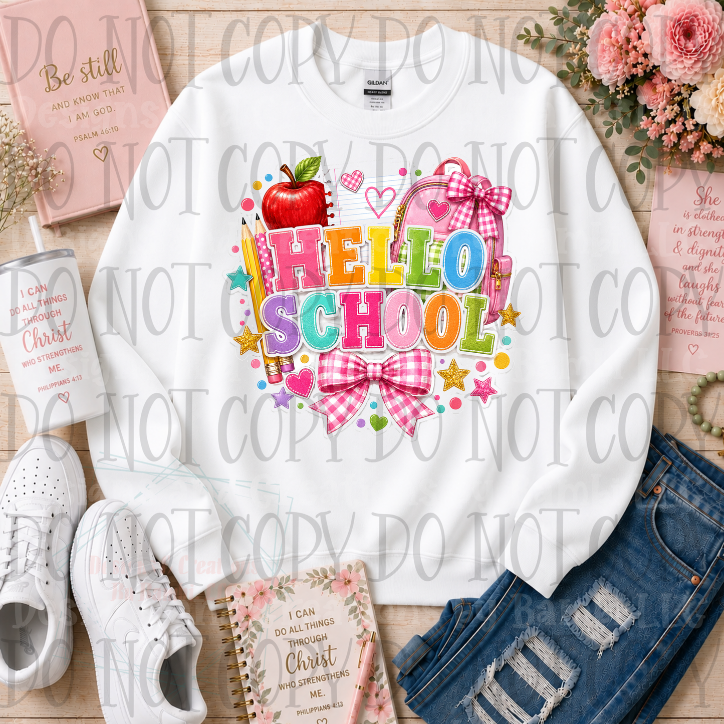 Faux Embroidery Hello School Vivid Font Colors