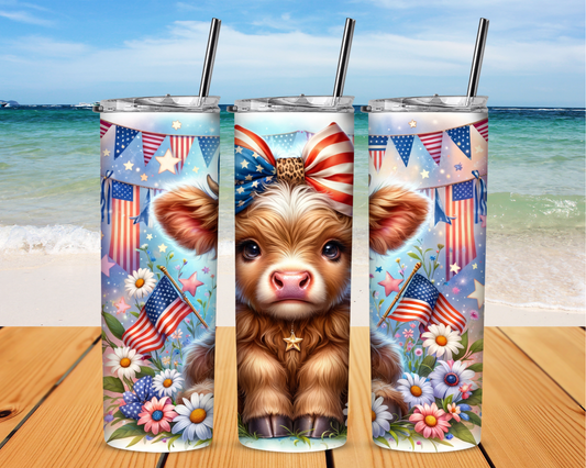 Highland Cow Patriotic with Flags 20 oz Skinny Sublimation Tumbler