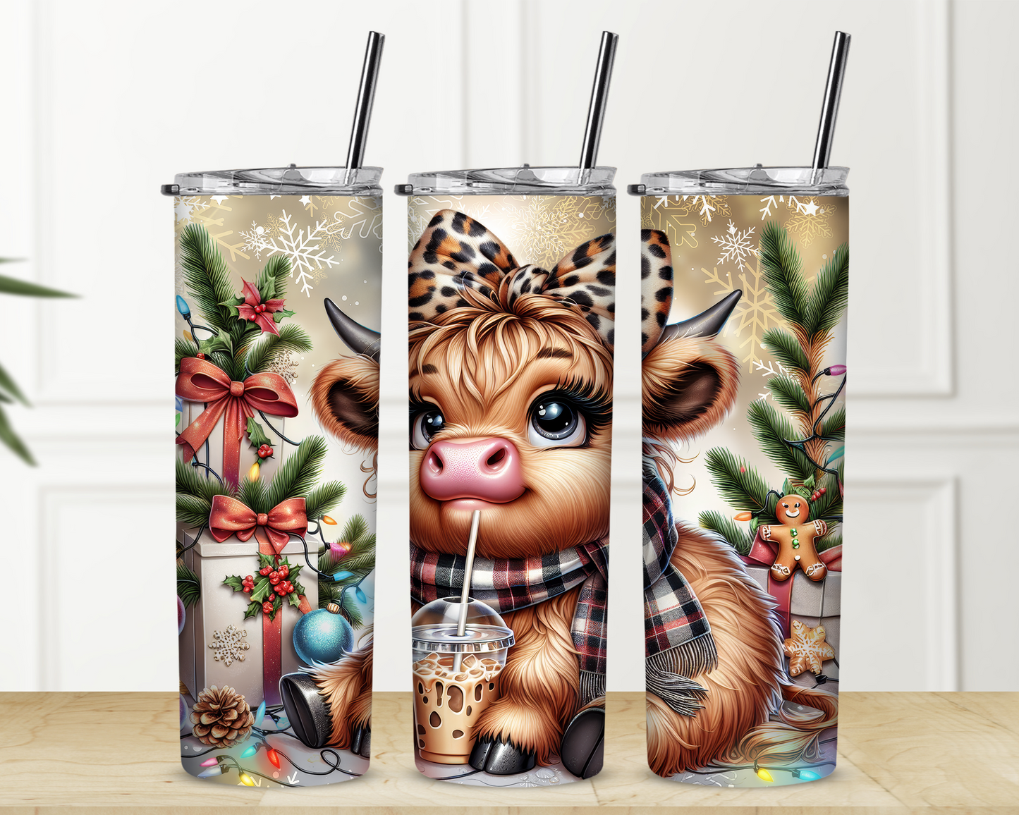 Highland Cow and Leopard Christmas 20 oz Skinny Sublimation Tumbler